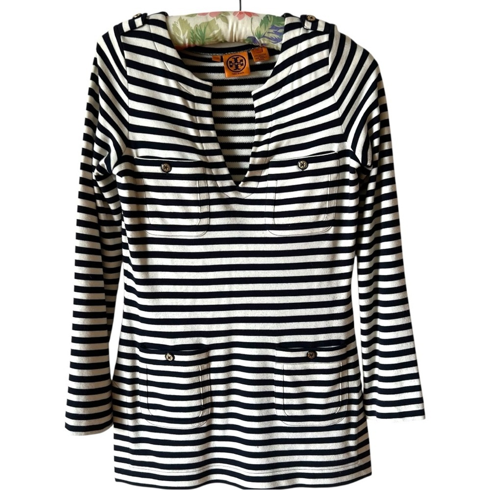Tory Burch Black/Blue and White Striped Tunic Top XS